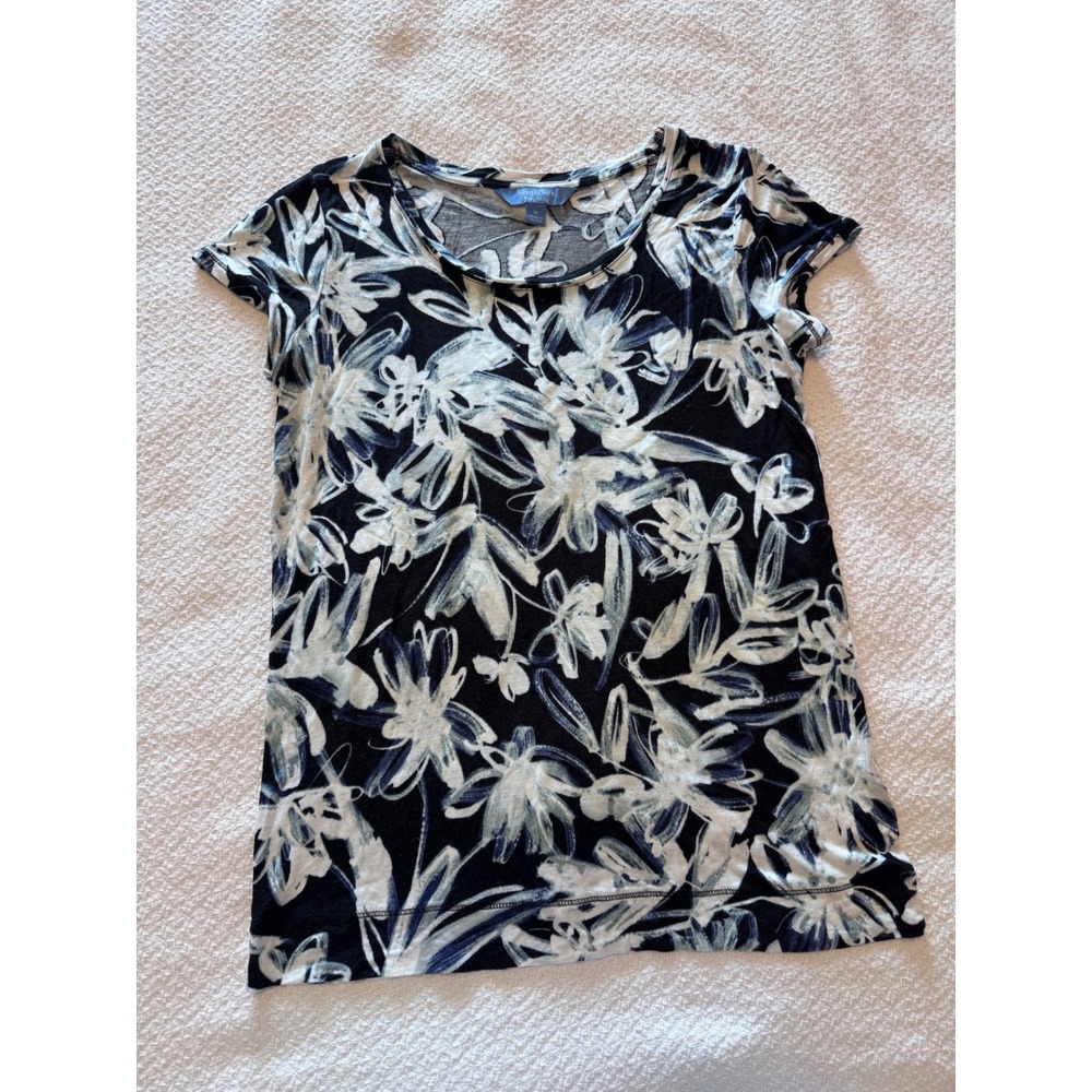 Simply Vera Vera Wang Navy White Abstract Floral Print Scoop Neck Tee Shirt M